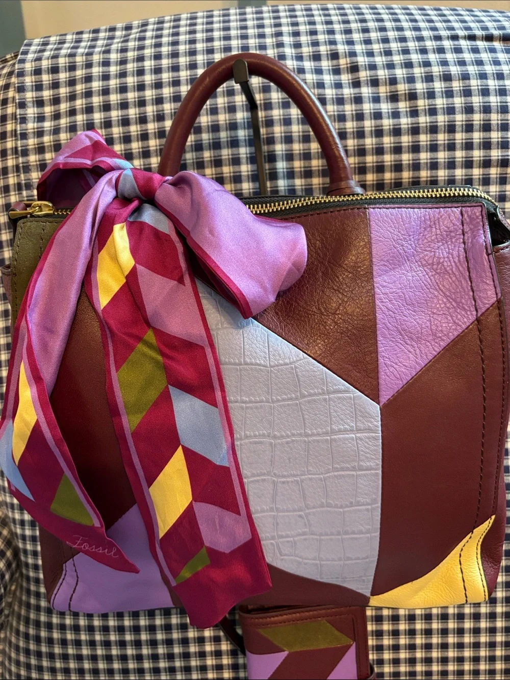 Fossil Patchwork Leather Tote Bag with silk Scarf  and wallet